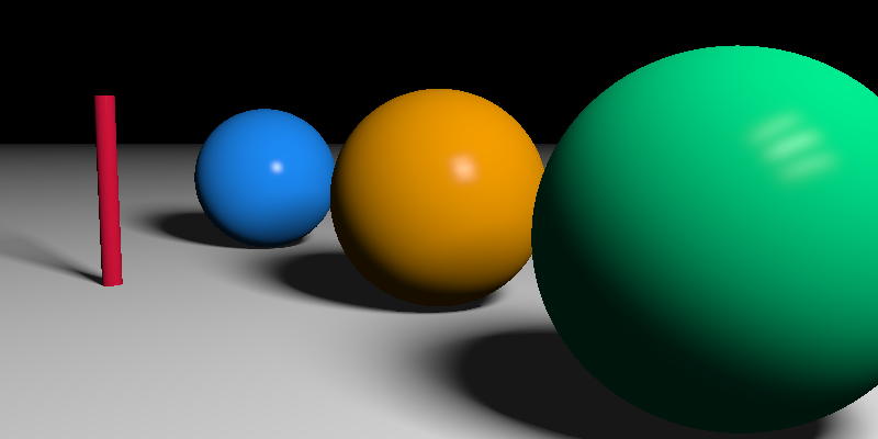 Test image with spheres and cylinders shows good shadow but wrong specular highlight