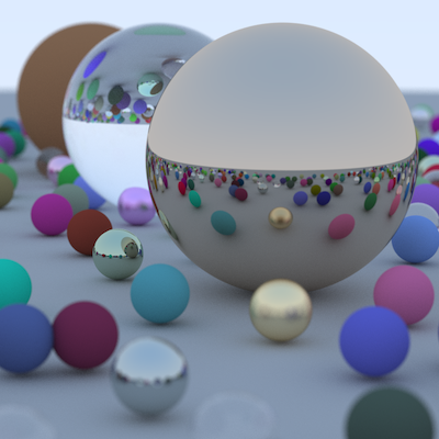 The final image of the book Ray Tracing in One Weekend